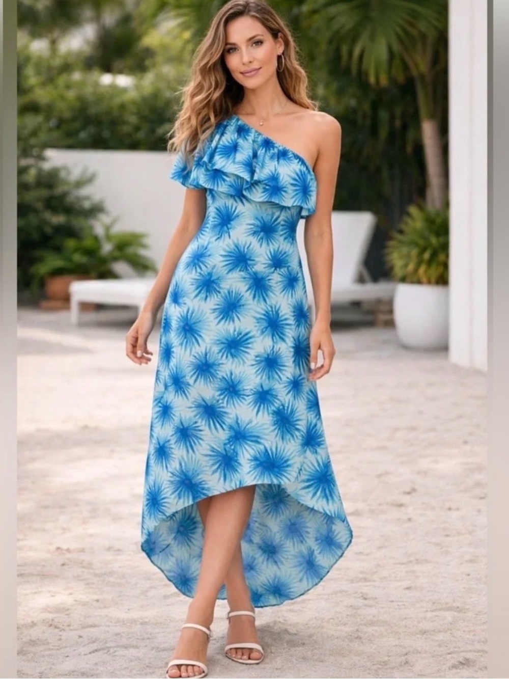 Vineyard Vines Blue and Aqua Tropical Print high-low one shoulder dress size 4